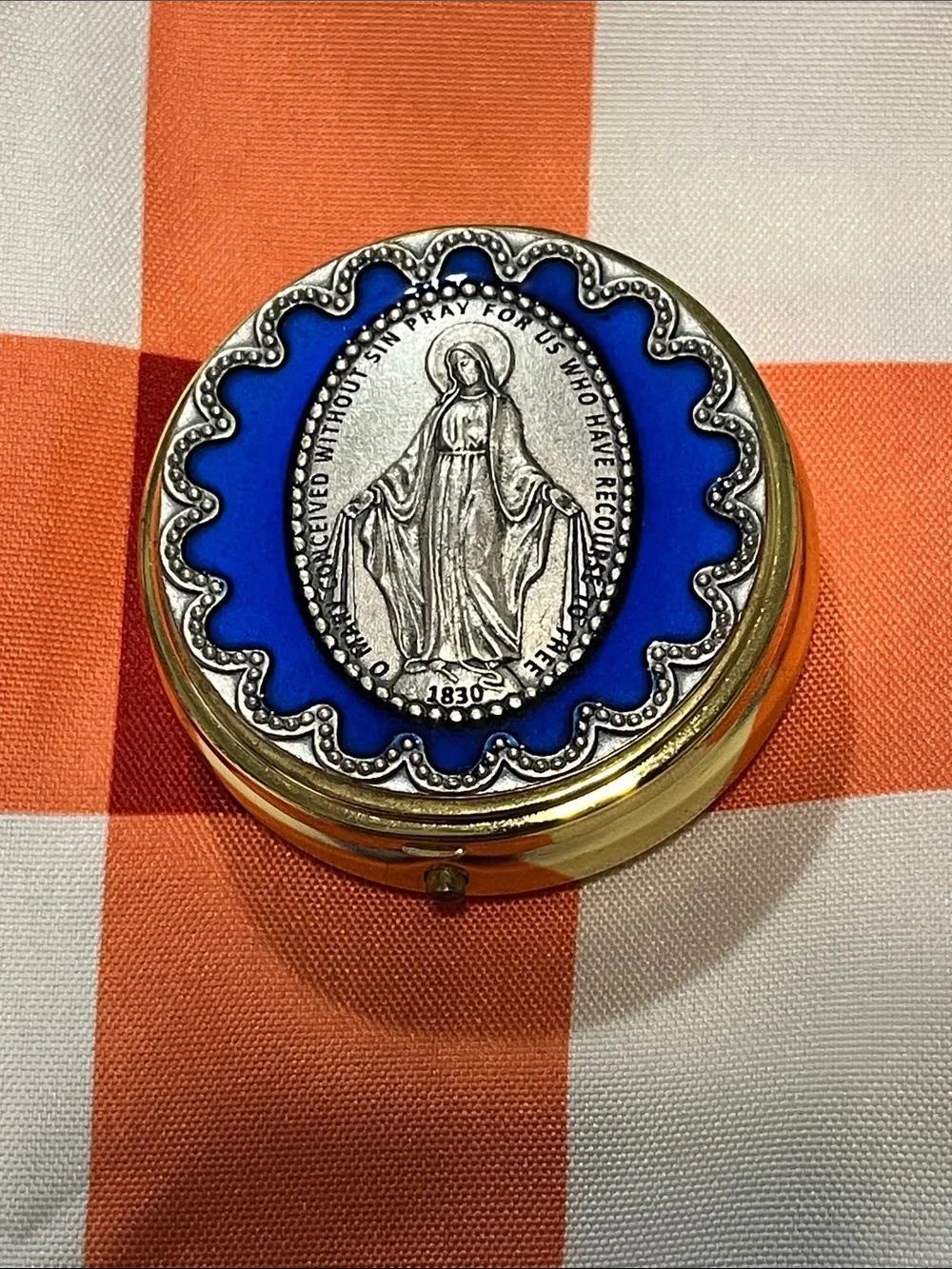 Blue and Gold Decorative Trinket Box with Religious Medallion Accent